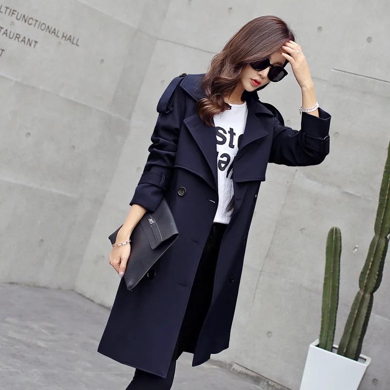 

2018 Spring New Style WOMEN'S Dress Suit Collar Solid Color Commuting Double Breasted Korean-style Long Sleeve Slim Fit Mid-leng