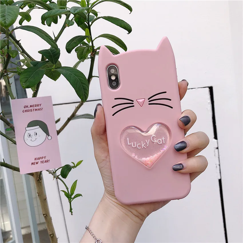 Cartoon Quicksand Cat Shimmering Powder Heart iphonexs MAX Phone Case iPhone 8/7 Plus/6 S Silica Gel Applicable