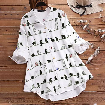 

Plus Size Cat Print Colorful Button Women Long Shirts Long Sleeve Oversized Female Blusas Summer Autumn Lady Casual Loose Shirt