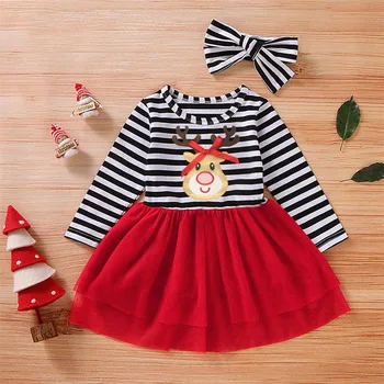 

Pudcoco Toddler Baby Girl Clothes Christmas Print Striped Long Sleeve Patchwork Tulle Princess Dress Headband 2Pcs Outfits Set