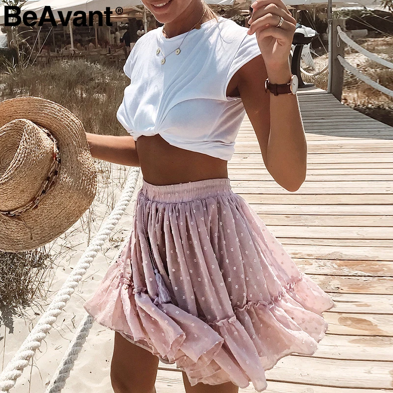 Cheap BeAvant Boho summer pleated mini skirts womens High waist polka dot short skirt pink A line floral printed ruffle chiffon skirts