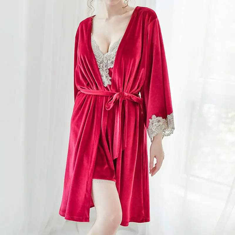 Winter Sexy Pajamas Set Women Sleepwear Suit Velvet Sexy Pink Homewear Pijama Woman Pajamas Dress Set Robe Two Piece Suit 2020