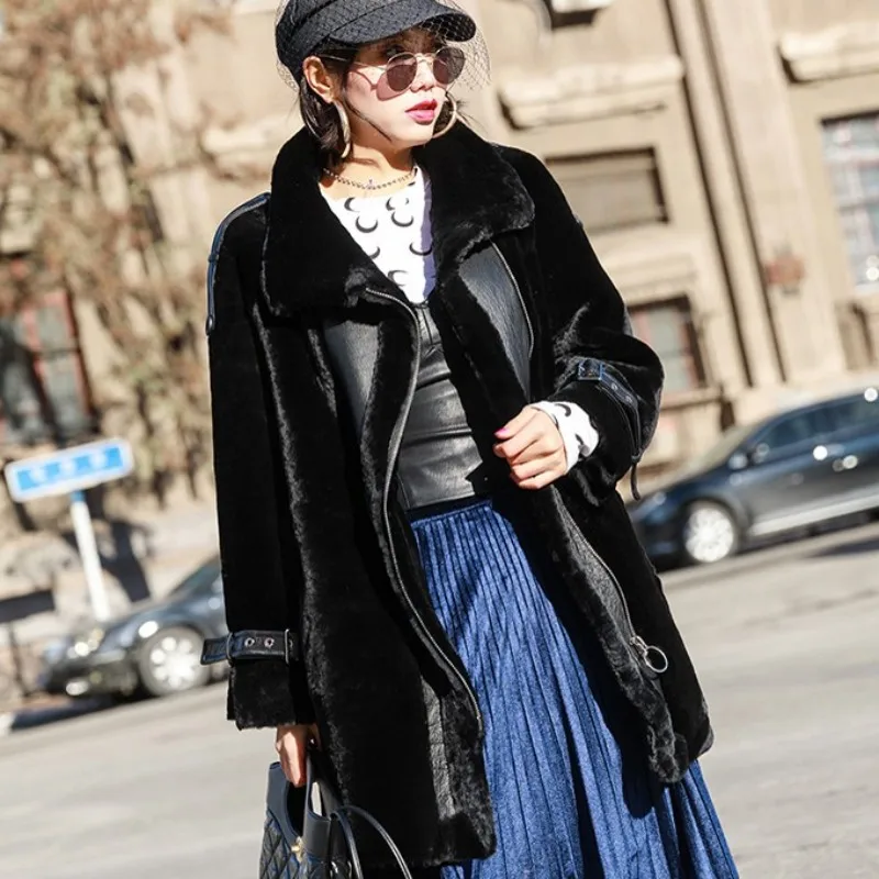 Winter Women Loose Fit Real Fur Coat Elegant Luxury Turtleneck Warm Overcoat Streetwear Zipper Wool Outerwear Plus Size - Цвет: black
