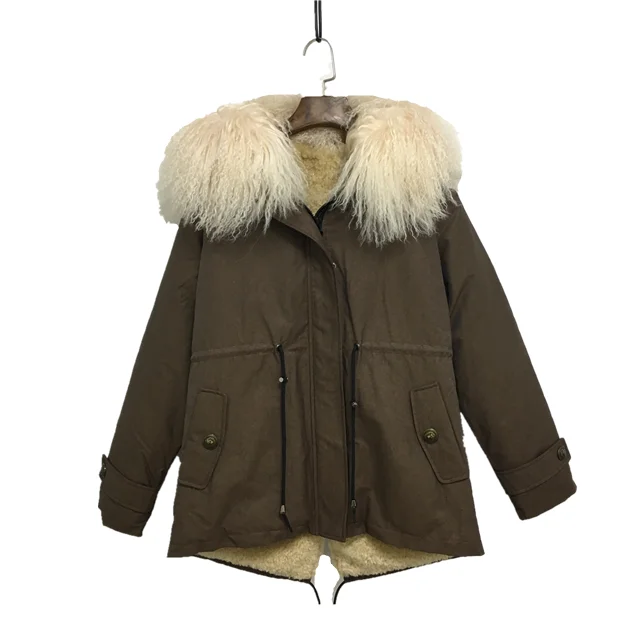 Latest Handsome Hooded Fur Parka Men Apricot Faux Fur Lined Real Lamb Fur Collar Coat Short Brown Jacket