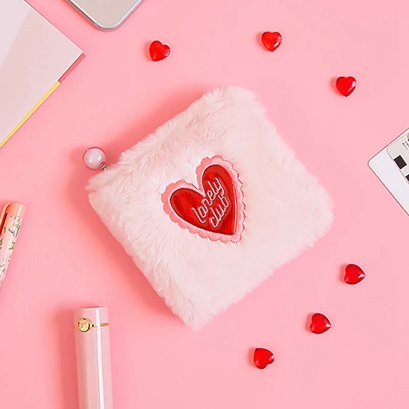 1PC Mini Plush love Square Wallet Laser PVC Wallet Pink Black Women Lady Coin Purse Wallet Winter Harajuku Small Wallet Dropship