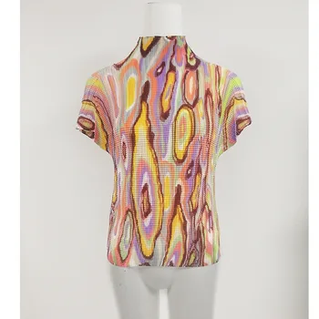 

Pleated Top Women's 2020 Summer Print Thin High Collar Short Sleeve T-shirt Women