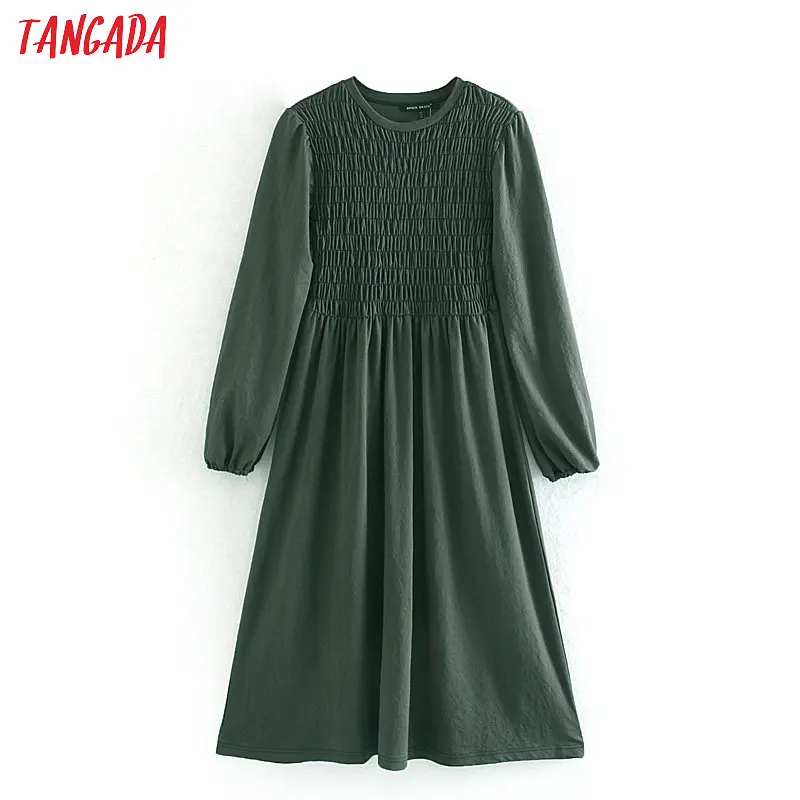 

Tangada Fashion Women Pleated Strethy Green Dress o neck Long Sleeve Vintage Midi Dress Vestidos CE197