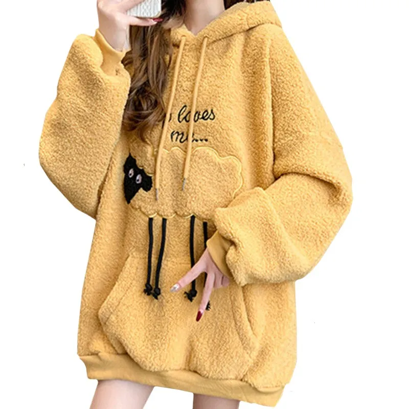 Winter Thick Lamb Wool Casual Women Hoodie Yellow Loose Lady Sweatshirt Embroidery Cartoon Cute Little Sheep Pullover Female