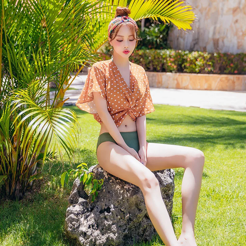 

Korean Style Army Green Underwire Push up Chest Emphasizing Bikini Two-piece Swimsuits Polka Dot Blouse Slimming Sun-resistant T