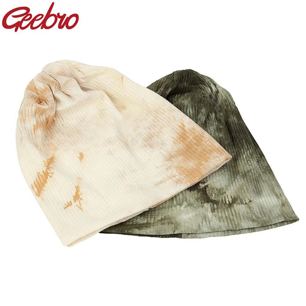 

Geebro Women New Fashion Cotton Knit Ribbed Stretch Tie Dye Beanies Winter Autumn Female Slouchy Baggy Hat Skullies Caps Bonnet