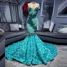 Бирюзово-синие африканские платья для выпускного вечера с объемными розами для девочек, милое платье с цветочным рисунком и шлейфом для выпускного вечера Длинные торжественные платья