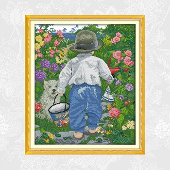 

Joy sunday The garden boy Embroidery Needlework Sets Counted Printed on Canvas Cross-stitch kits DIY Handmade Crafts