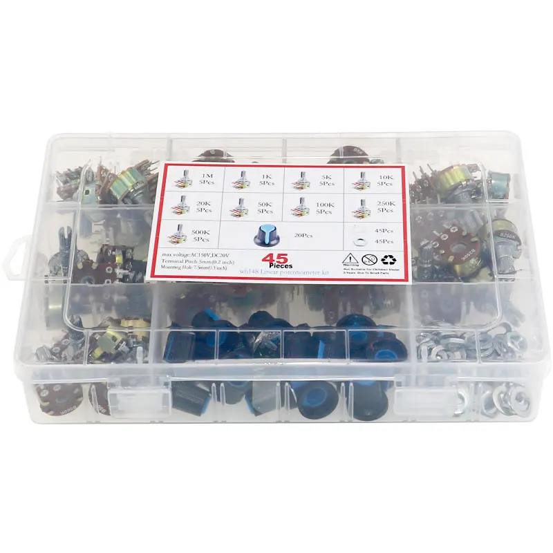 45pcs WH148 Potentiometer Kit B1K B5K B10K 20K 50K 100K 250K 500K 1M 15mm Shaft Amplifier Dual Stereo Set 6pin With Cap switch