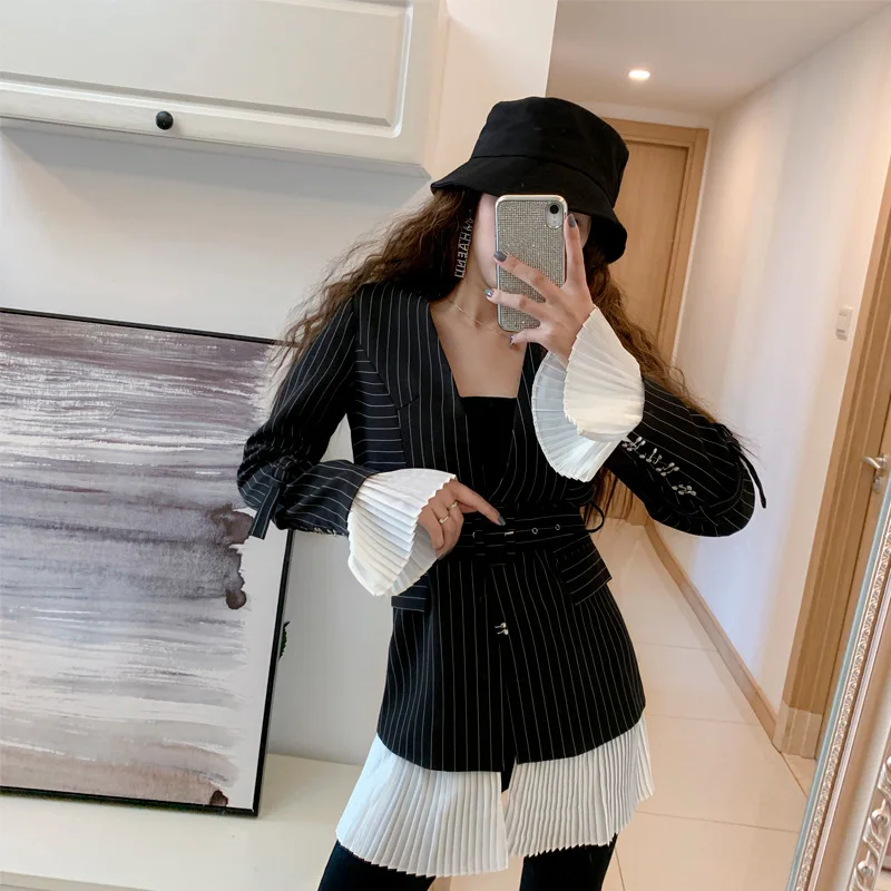 Discount 2020 Stylish Dark Blue Striped Mini-suit Women's Autumn Dress Mid-length British Retro Belt Stitched Coat Suit