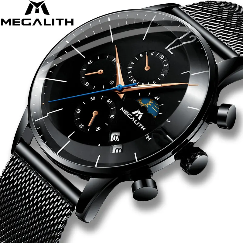 

MEGALITH Top Brand Luxury Men Watches Quartz Watch Montre Homme Casual Stainless Steel Mesh Band Wristwatch Chronograph Clock