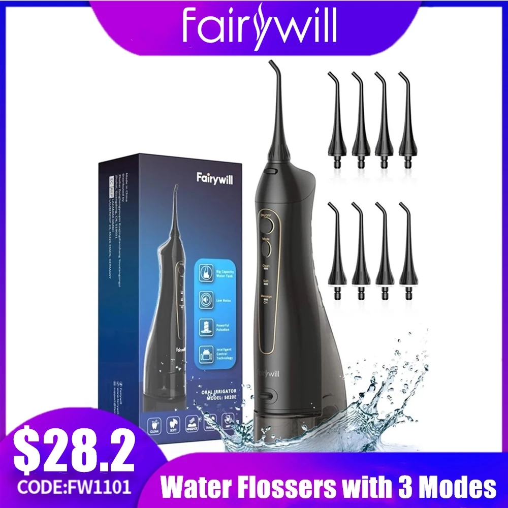 Fairywill Water Flossers for Teeth 300ML Oral Irrigator Rechargeable Portable Dental 3 Modes Water Tank Waterproof Teeth Cleaner