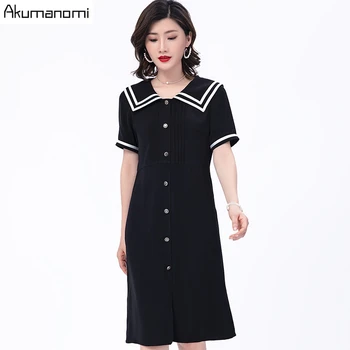 

Black summer dress for women plus size 6xl 5xl 4xl 3xl xxl short sleeve Sailor Collar Draped casual A-line office dress midi hot