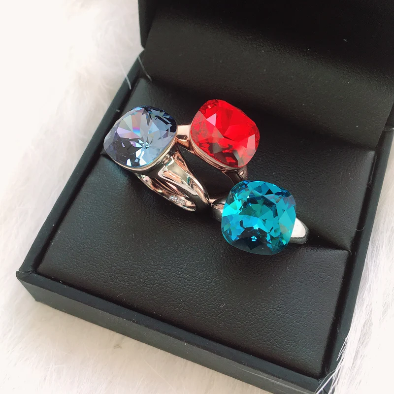 MOONROCY серебряное/розовое золото Австрийские Кристальные кольца квадратные красные синие зеленые Кристальные Свадебные Кольца для женщин подарок Прямая поставка