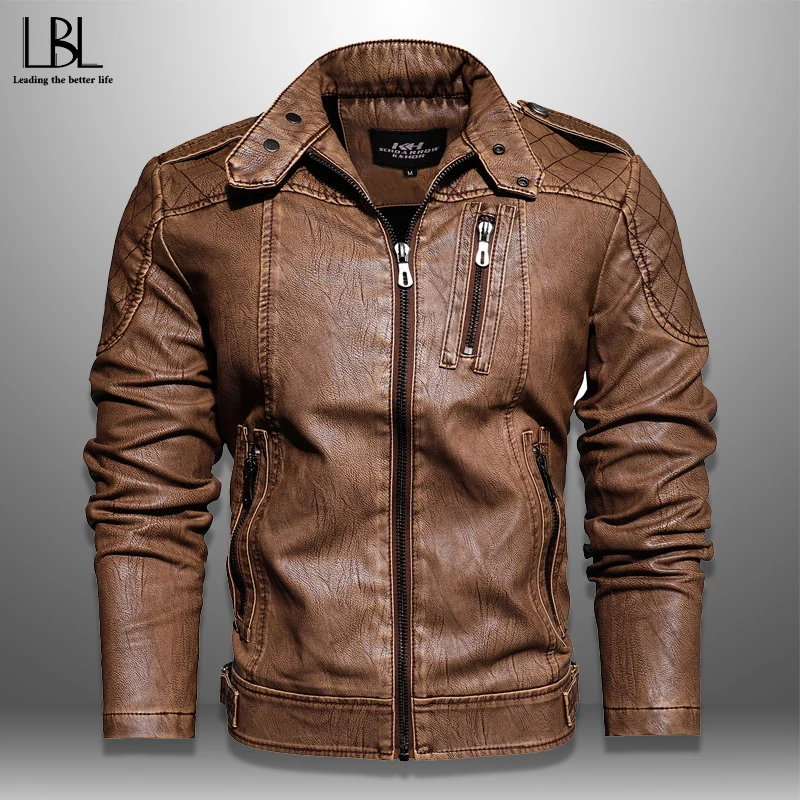 

2019 Stylish Leather Jacket Mens Autumn Slim PU Leather Jackets Male Winter Warm Cargo Coat Inner Fleece Motorcycle Bomber 4XL