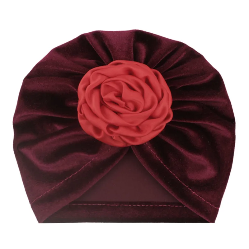 Wine red velvet Новая Цветочная детская шапка для девочек; бархатная детская шапочка принцессы; эластичная детская чалма; шапки для маленьких девочек; 20 цветов - Цвет: Wine red velvet