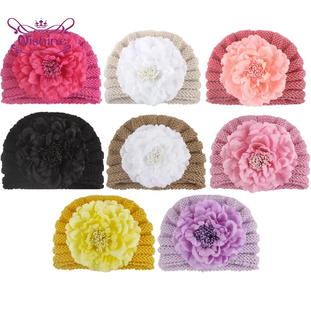

Nishine Toddler Cute Peony Flower Warm Hats Solid Color Knitting Wool Striped Cap Baby Headwear Christmas Decoration Photo Props