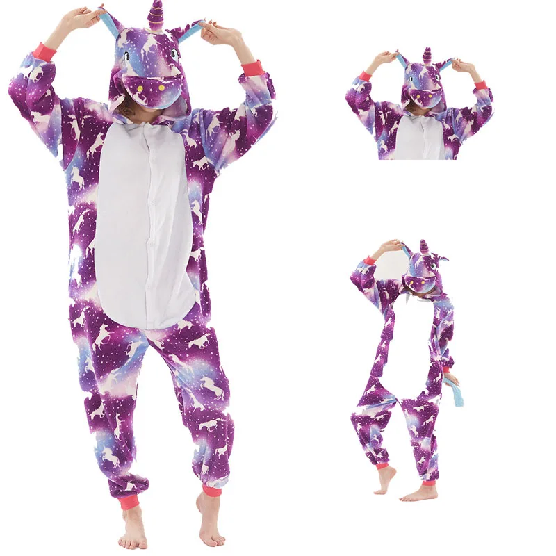 Зимний комбинезон для взрослых, аниме, женские костюмы, косплей, мультяшная Пижама с животными, кролик, единорог, Пикачу, зимняя теплая Пижама с капюшоном - Цвет: Purple night 1