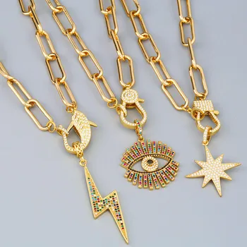 

New Fashion Gold Color Lightning Fatima Hand Evil Eye Chain Necklaces For Women DIY Rainbow CZ Big Pendant Necklace Jewelry Gift
