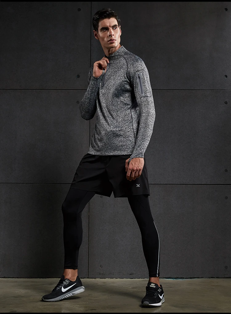 Running Shirt Men Zipper Pullover Madarin Collar Long Sleeve with Pocket Sports Active Wear for Gym Clothing Workout Shirt Male