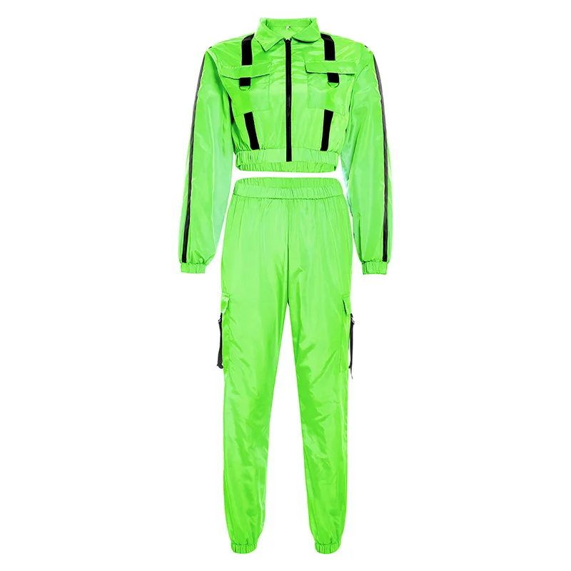 neon green Готический потный Фиолетовый Неоновый зеленый Пряжка бандажная куртка топ+ брюки карго спортивный костюм женский осенний Уличная спортивный наряд-униформа - Цвет: neon green