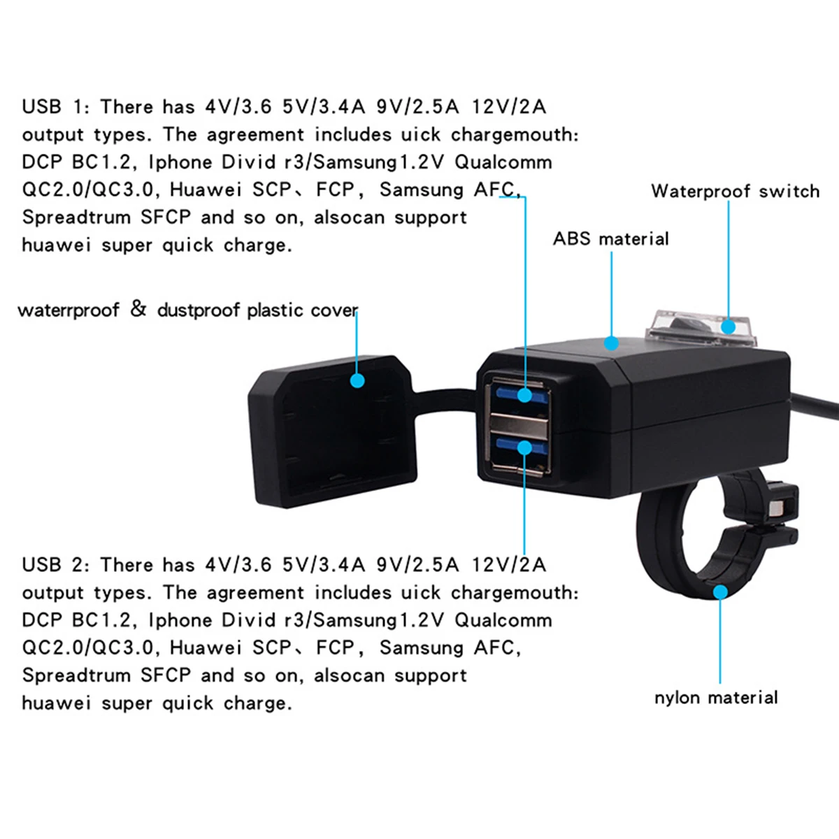 Универсальный Motorcycle12-24V двойной USB QC3.0 водонепроницаемый быстрое зарядное устройство с автономным переключателем подходит для руля диаметром 2,2 см