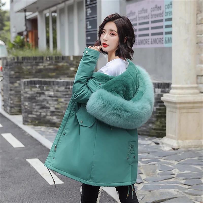 30 degrees winter parka jacket lamb cashmere thick section warm winter coat women fashion big fur collar hooded jacket parkas - Color: Green