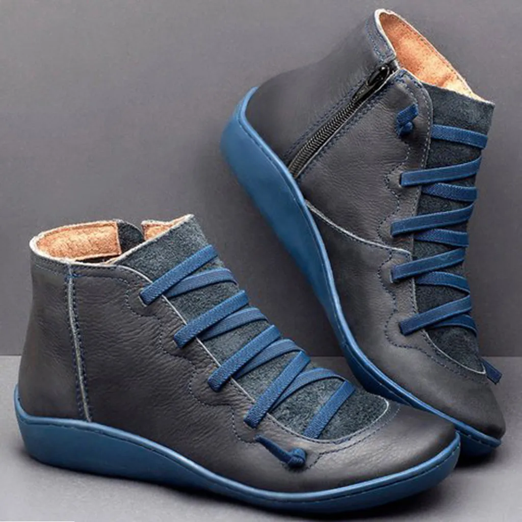 Boots Lace-Up Side-Zipper Retro Flat Casual Womens Round-Toe Mujer Ankle Zapatos New