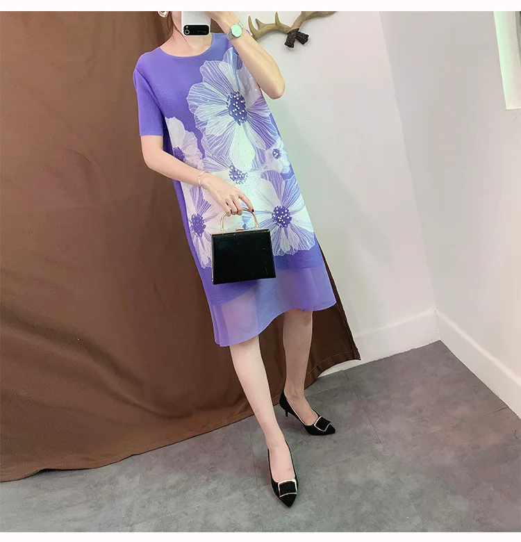 Miyake плиссированное платье, бисерный принт, круглый вырез, а-силуэт, короткий рукав, до колена, женское платье, осень, новое модное вечернее платье, большие размеры