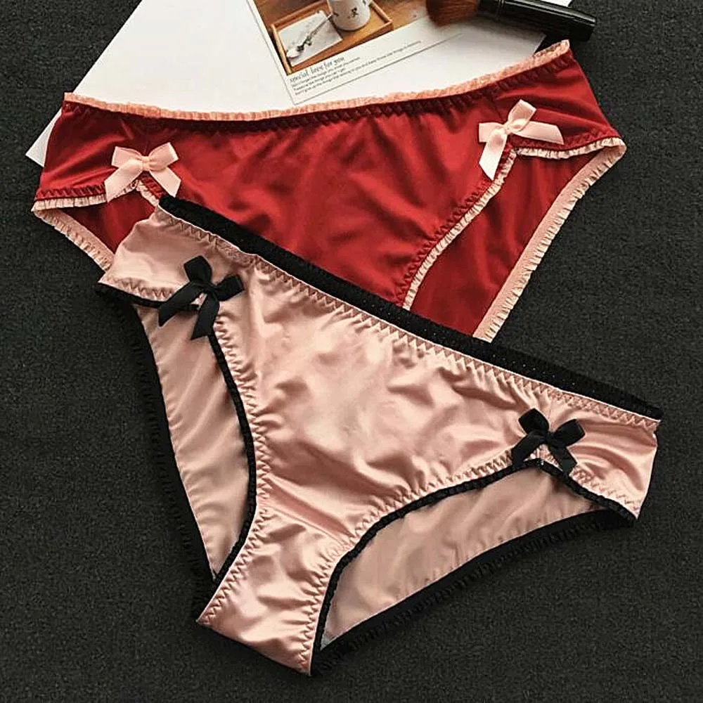 Luxury Bow Women's Underwear Vintage Solid Satin Crotch Cotton Seamless Briefs Sexy Panties Sex Thongs Female Lingerie 1