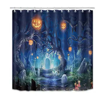 

Halloween Shower Curtains for Bathroom Pumpkin on Tree Branch Ghost Cave Decor Hallowmas Shower Curtain with Hooks Extra Long