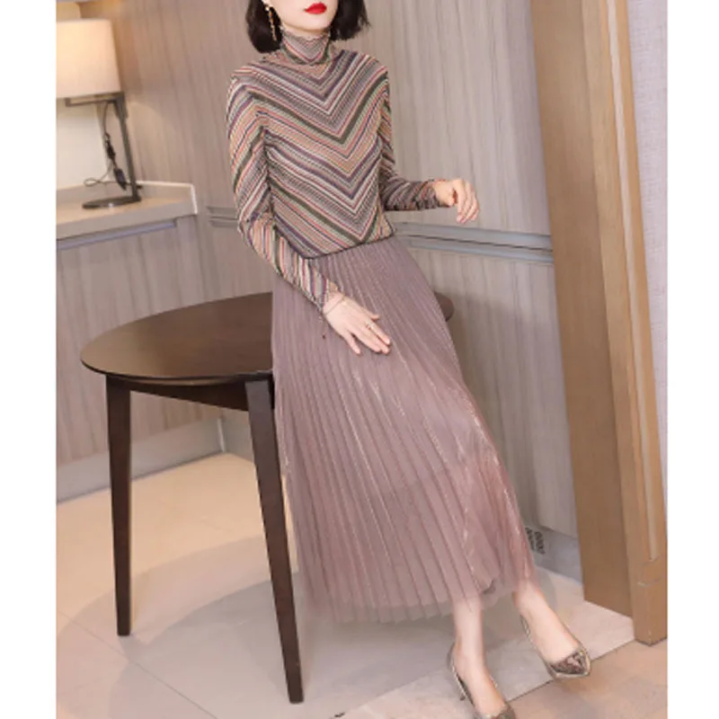 

Gauze Two-Piece Set WOMEN'S Dress Long Sleeve Striped Shirt Mid-length Half-length Skirt-Style Set Europe And America