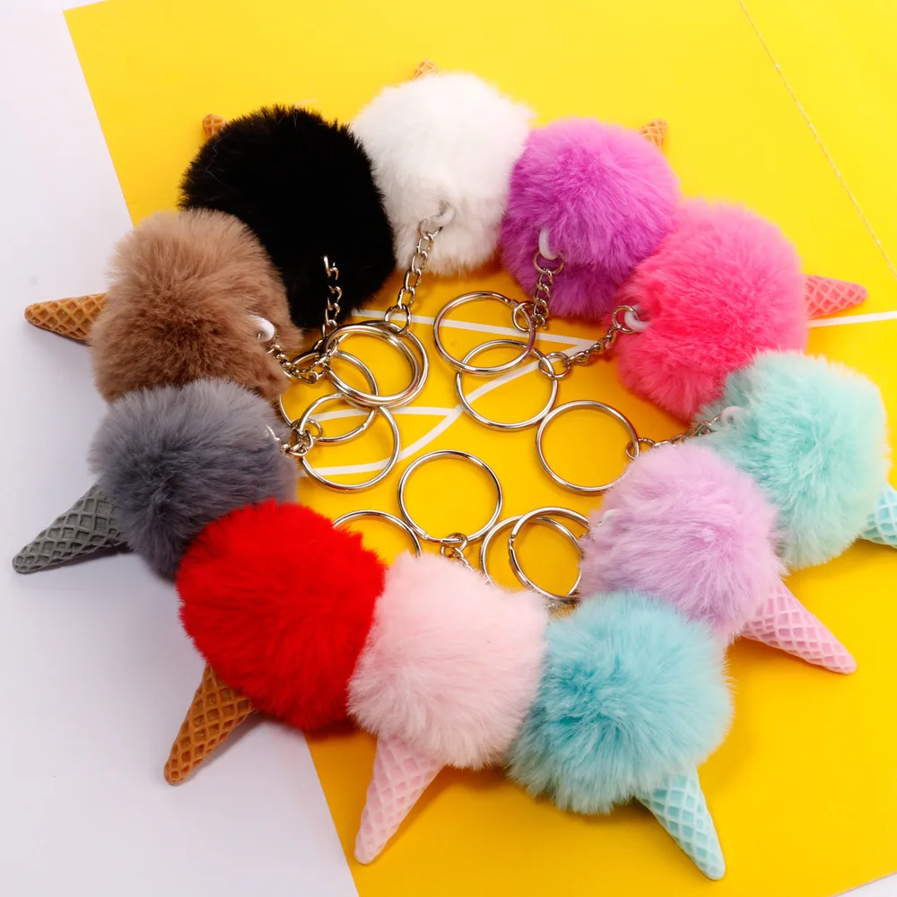 

Lovely Ice-cream Rainbow Fluffy Bunny Keychain For Women Bag Car Keyring Chaveiro Fake Fur Fluffy Bunny Keychain