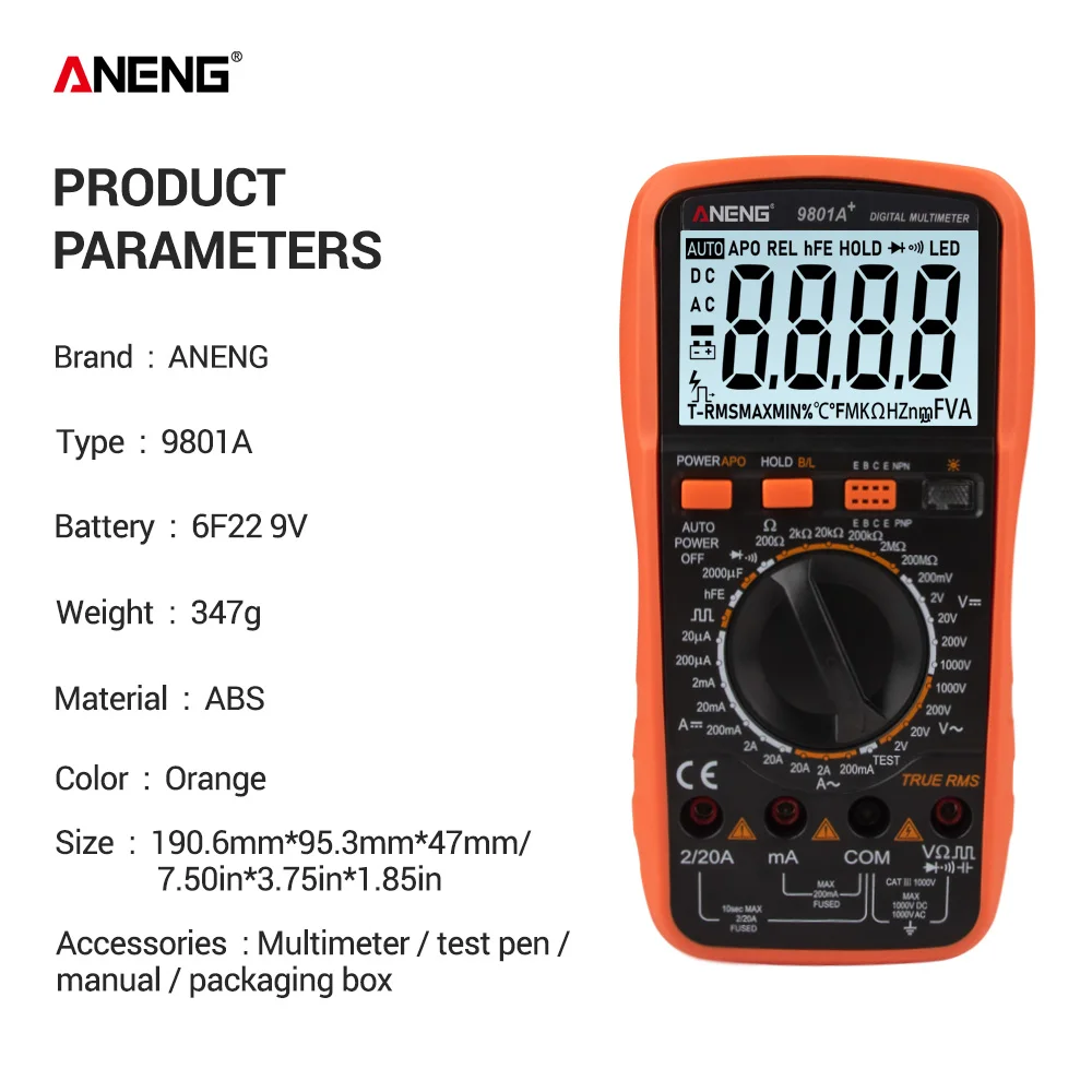 ANENG 9801A+ цифровой мультиметр True RMS 2000 отсчетов ручное Сопротивление Емкость Diod транзистор 1000 В 20A живой провод - Цвет: Оранжевый