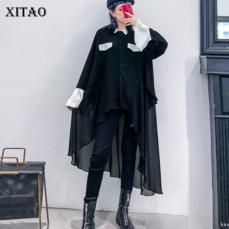 XITAO, необычная перспективная блузка, женская мода, новая, с оборками, в стиле пэчворк, с одним нагрудным карманом, элегантная, повседневная,, рубашка, GCC3228