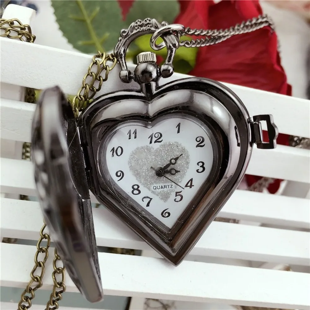 Винтажное ожерелье зеленый бронзовый вырез резные карманные часы в виде сердца ожерелье Любовь Сердце часы ожерелье часы