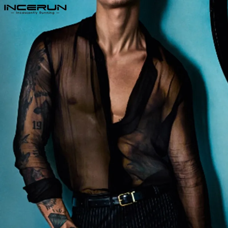 Shirt Long-Sleeve Sexy Incerun Men Casual Mens Fashion Blouse Thin-Button Streetwear