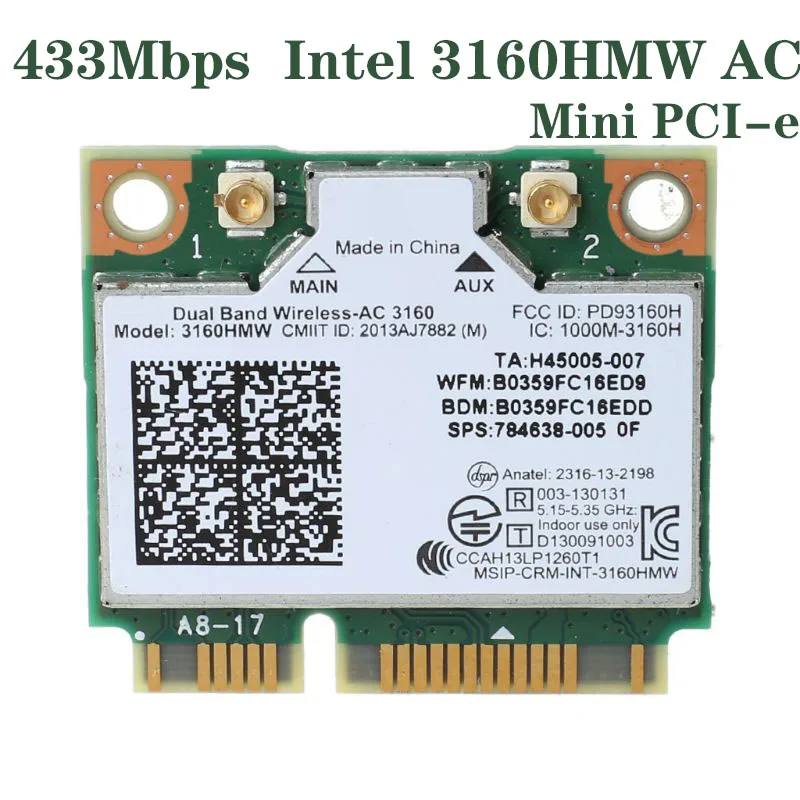 

Wireless 433Mbps Wifi Adapter Card For Intel 3160HMW AC With Bluetooth 4.0 2.4/5ghz Half Mini PCI-e Wireless-AC For Laptop