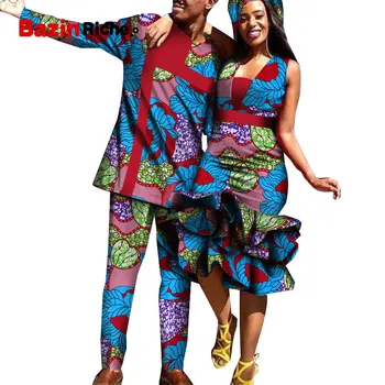 

African Dress Couple Wedding Clothing Men Shirt Suit & Women Slim Dresses 11.11 Promotion Gifted Headwrap Family Dresses WYQ523