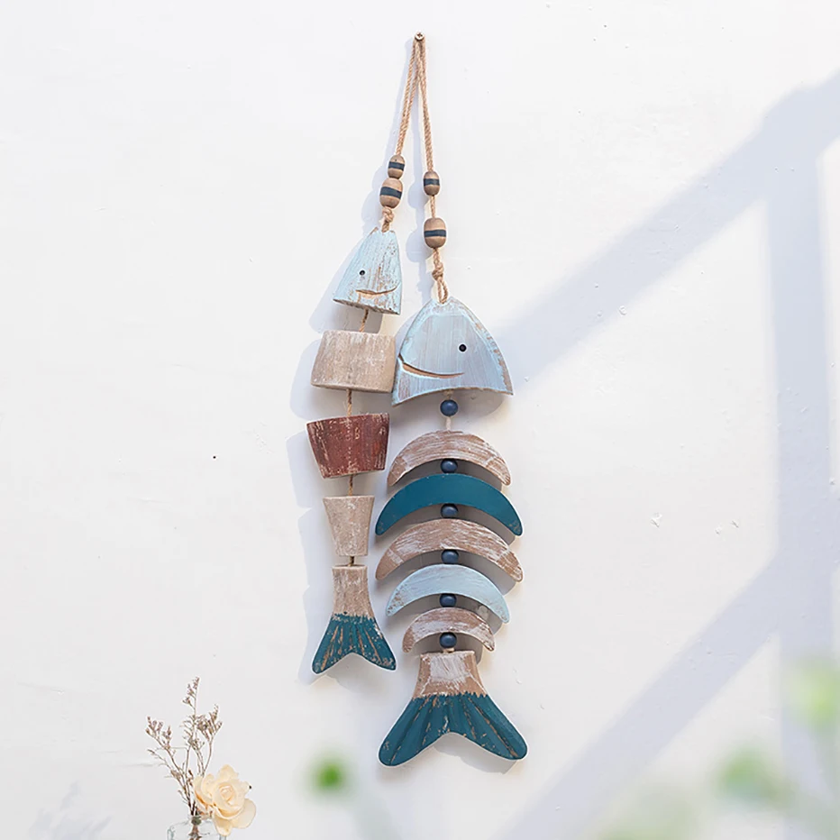 YiYa Wooden Decor Fish Bones with Beads for Nautical Decoration Blue Wall Decor Door Hanging Ornament Beach Theme Garden Office Home Decoration