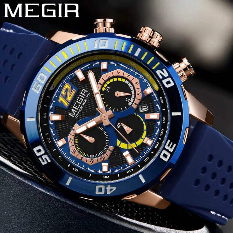 MEGIR Watch Men Chronograph Military Army Male Clock Top Brand Luxury Rubber Silicone Band Business Man Sport Wristwatch 2109 | Наручные