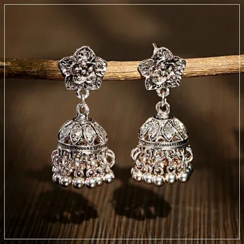 

Ethnic Silver Color Flower Indian Jhumka Earrings Women Bohemian Retro Tassel Bell Tibetan Earrings Oorbellen