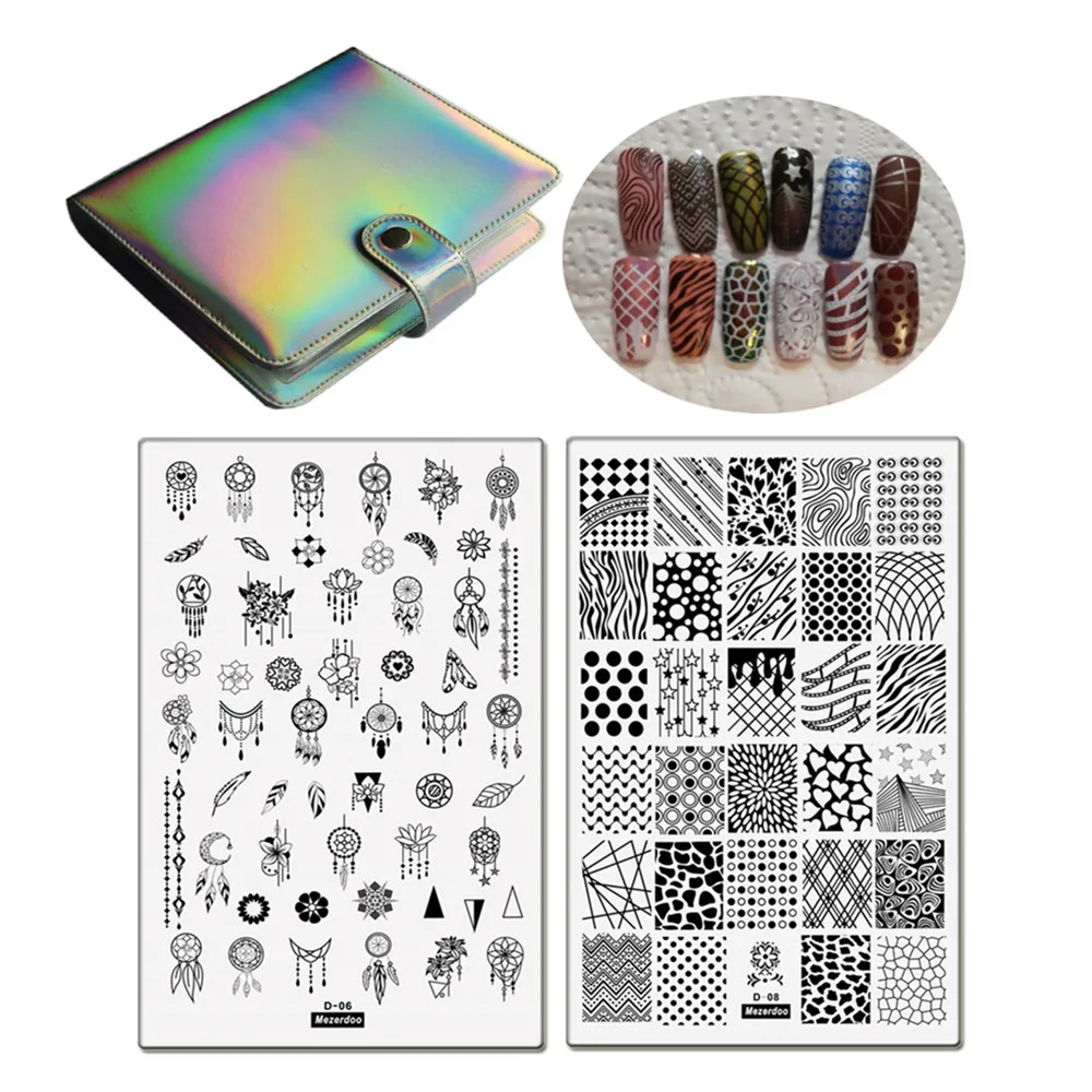 Günstige 2Pc Geometrische Welle Stanzen Platten mit 1Pc 20Slot Silber Laser Nagel, Platte Halter Set Nagel Kunst stempel Vorlage Schablonen