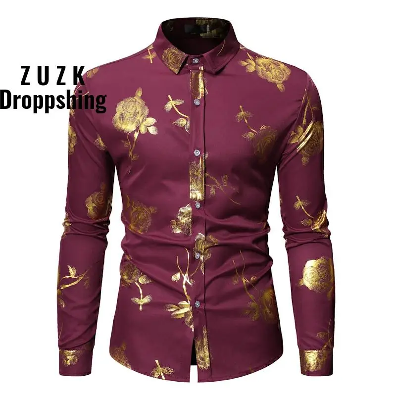 ZUZK Gold Rose Floral Bronzing Black Red Shirt Men Slim Fit Long Sleeve Dress Shirts Mens Party Wedding Nightclub Shirt
