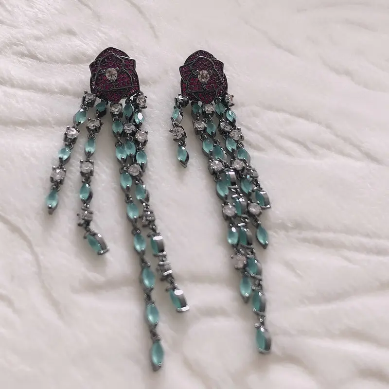 Длинные висячие корейские свадебные цветочные серьги для