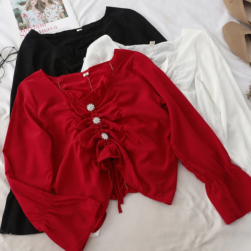 

SKOONHEID Women Ruched Blouse Autumn Casual Flare Sleeves Office Chiffon Tops Korean Style Elastic Drawstring Basic Solid Tops